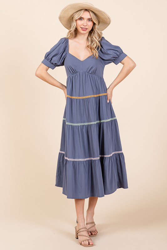 Trim Detail Puff Sleeve Tiered Maxi Dress - Denim