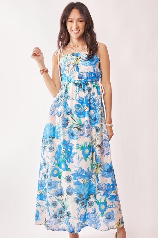 Tropical Boho Printed Detail Cut Out Maxi Dress - Cobalt Blue
