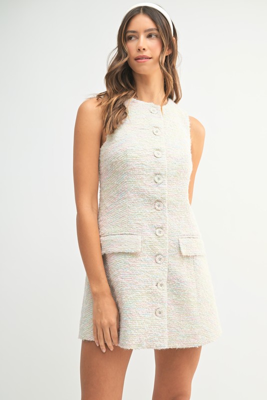 Tweed Sleeveless Button Down Mini Dress - Pink Multi