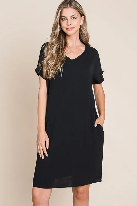 V-Neck Short Sleeve Dress with Pockets - Black