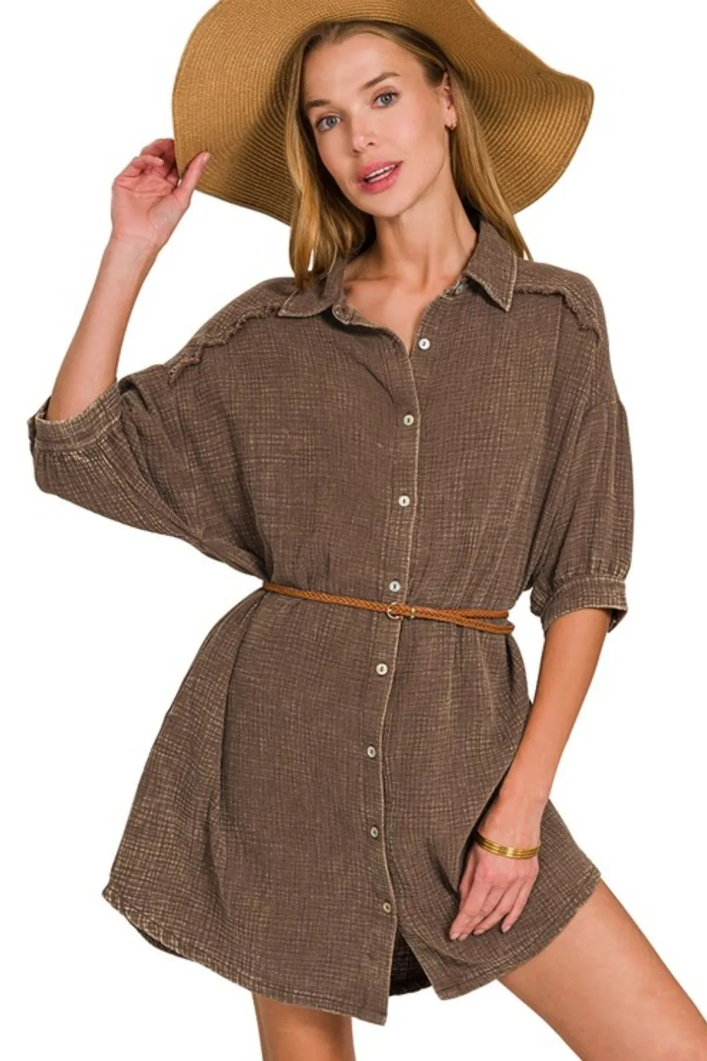 Washed Double Gauze Button Down Shirt Dress - Brown