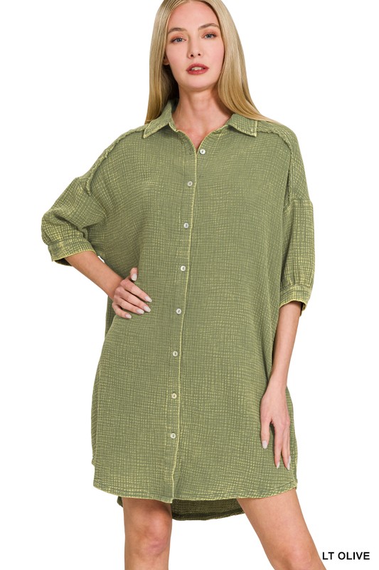 Washed Double Gauze Button Down Shirt Dress - Lt Olive