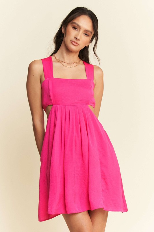Washed Satin Cutout Skirt Bandeau Mini Dress - Hot Pink