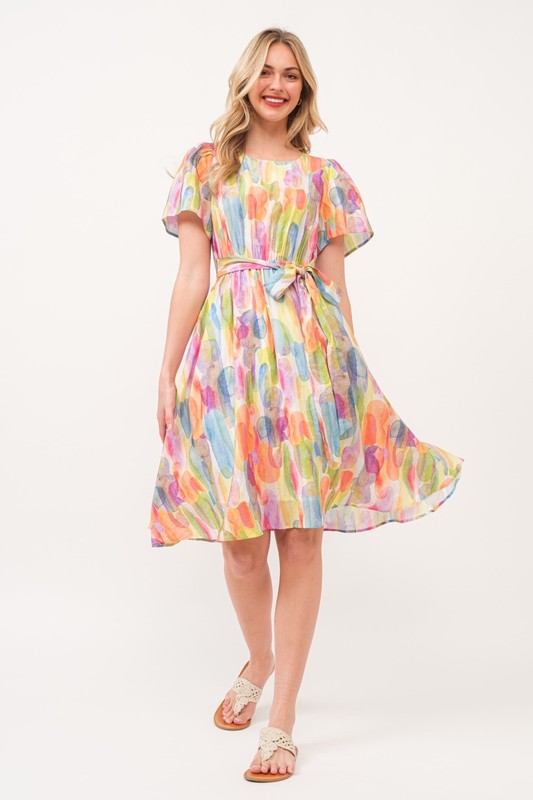Watercolor Print Tie Front Midi Dress - Orange Combo