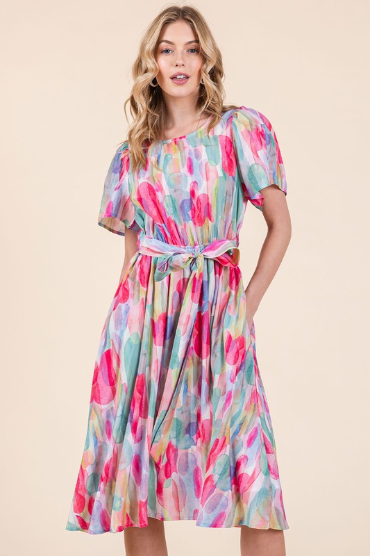 Watercolor Print Tie Front Midi Dress - Pink Combo