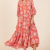 Abstract Leaf Print Tiered Ruffle Dress - Orange-Red