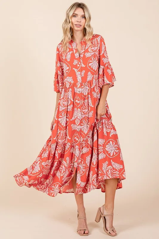 Abstract Leaf Print Tiered Ruffle Dress - Orange-Red