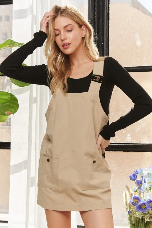 Adjustable Wide Strap Square Neck Overall Dress - Tan