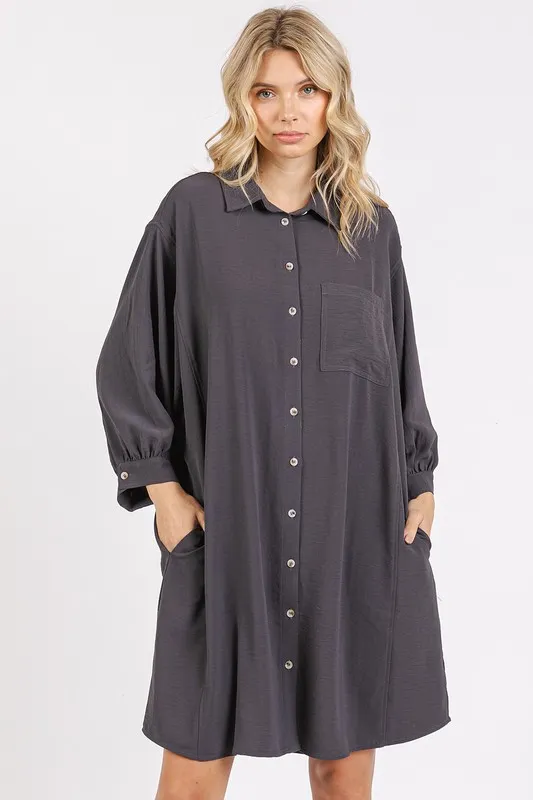 Airflow 3/4 Sleeve Buttoned Shirt Mini Dress - Charcoal