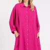 Airflow 3/4 Sleeve Buttoned Shirt Mini Dress - Hot Pink