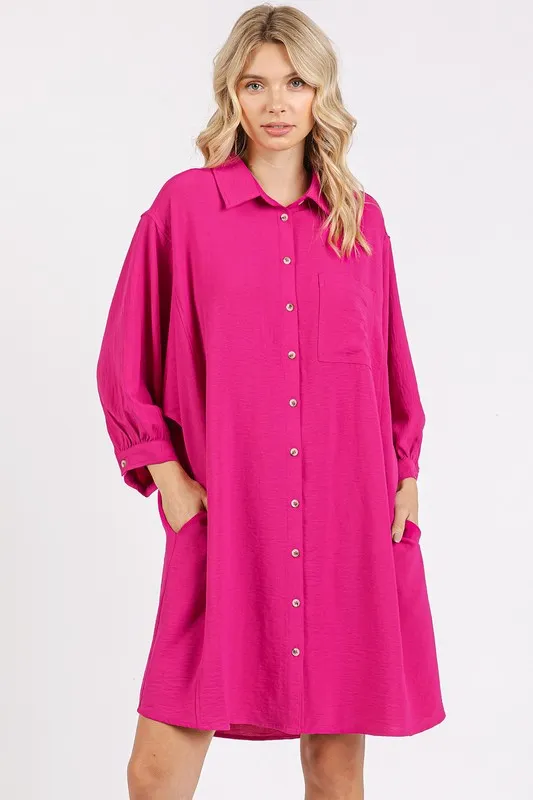 Airflow 3/4 Sleeve Buttoned Shirt Mini Dress - Hot Pink