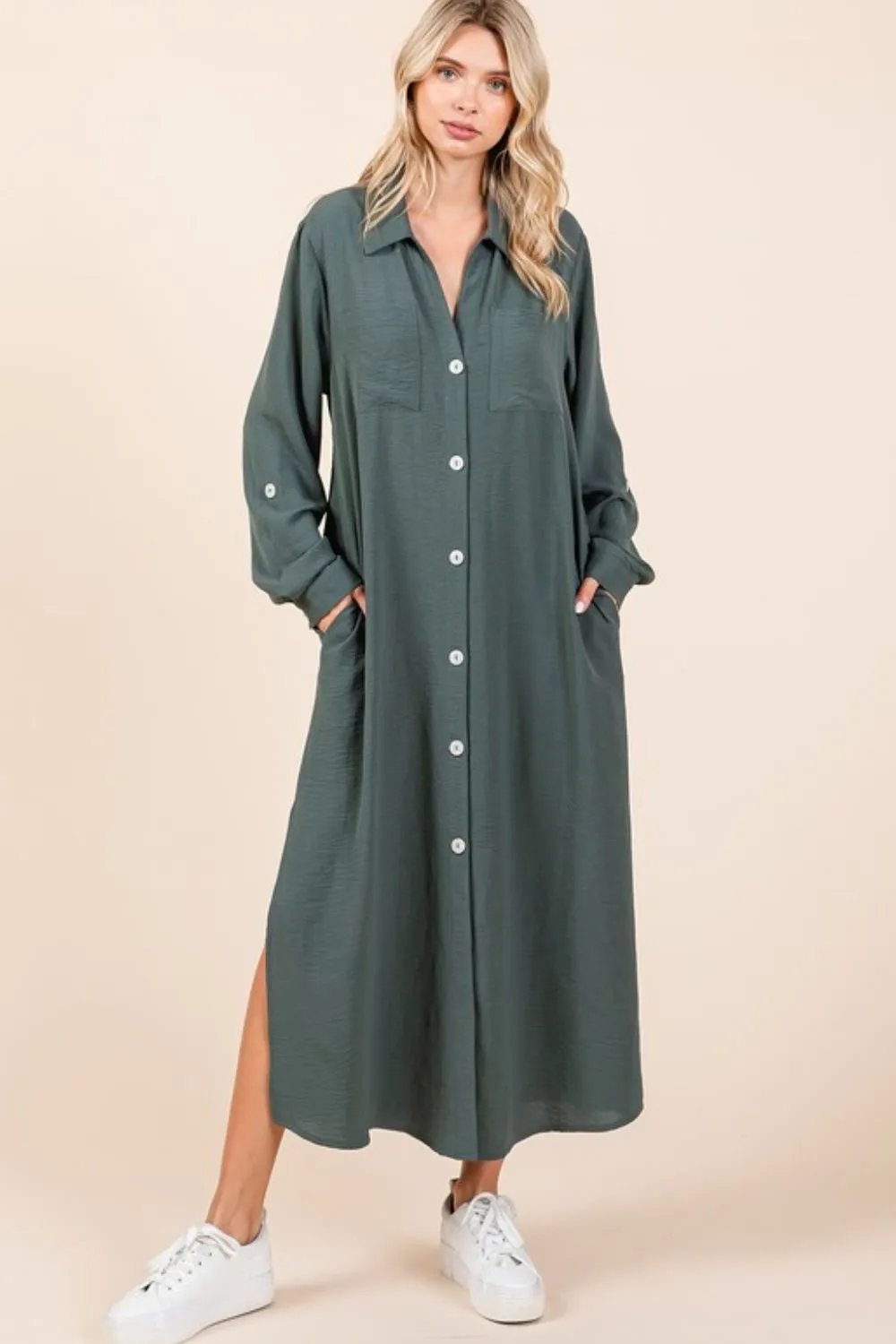 Airflow V-Neck Long Sleeve Button Down Maxi Dress -     Lt Hunter