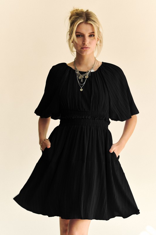 Back Button Puff Sleeve Mini Dress - Black