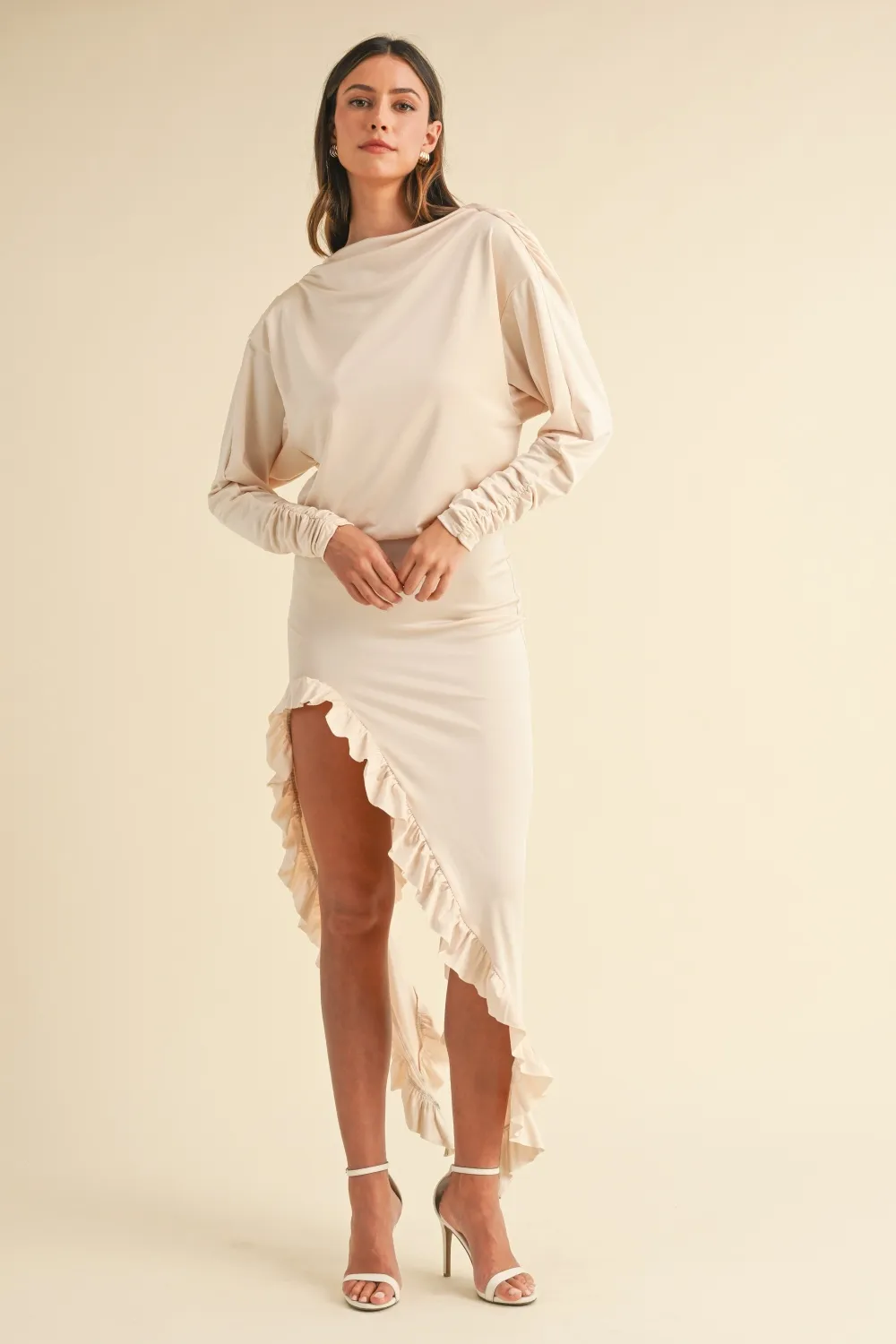 Backless Asymmetric Ruffle Hem Dress - Cream