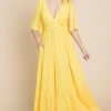 Backless Plunge Half Sleeve Tiered Dress - Lemonade