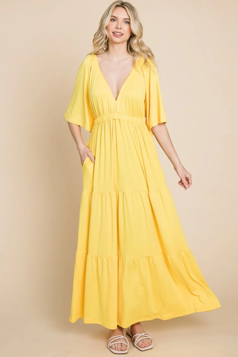 Backless Plunge Half Sleeve Tiered Dress - Lemonade