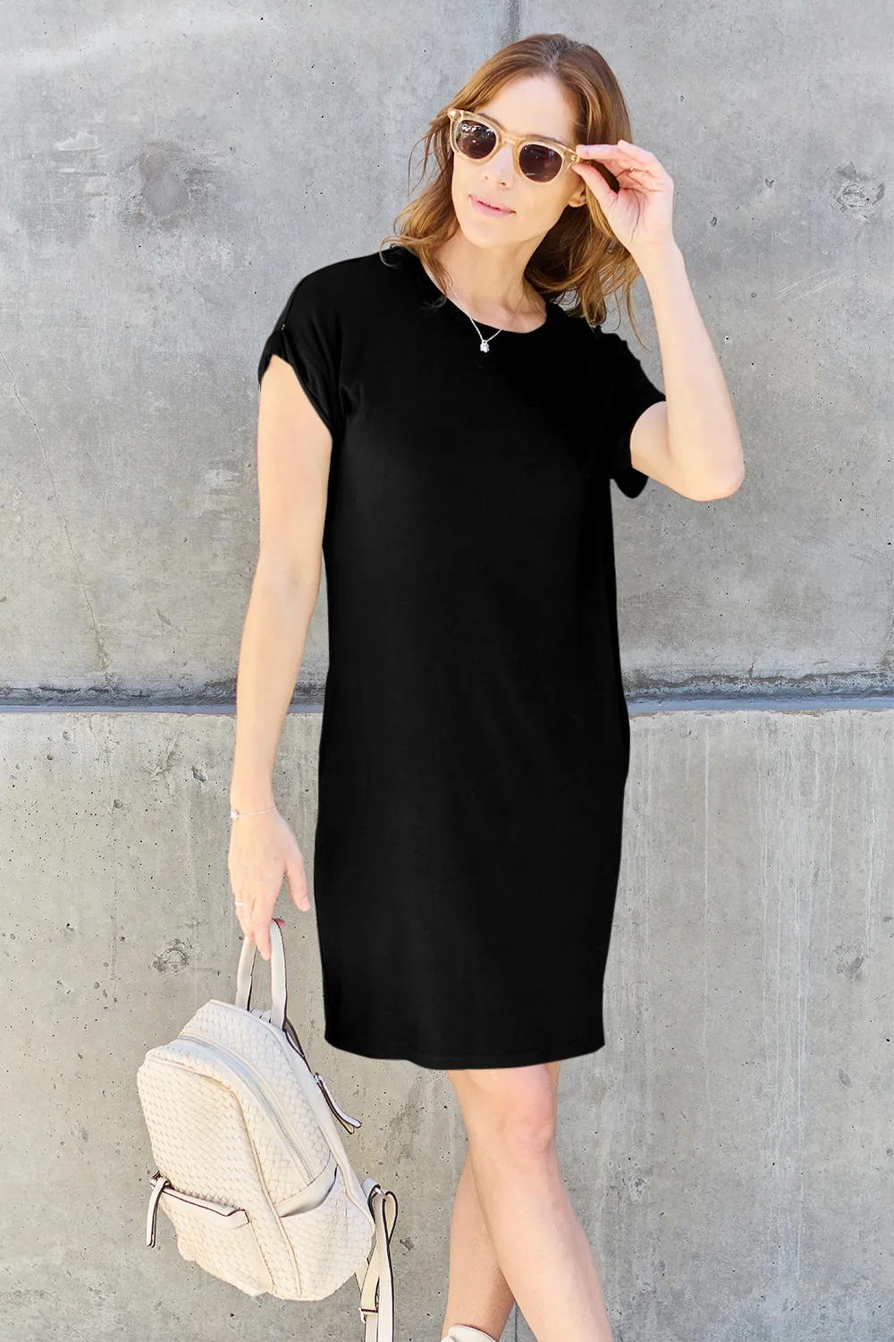 Bamboo Full Size Round Neck Short Sleeve Dress with Pockets - Black