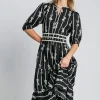 Bow Tie Print Notched Contrast Velvet Trim Midi Dress - Black