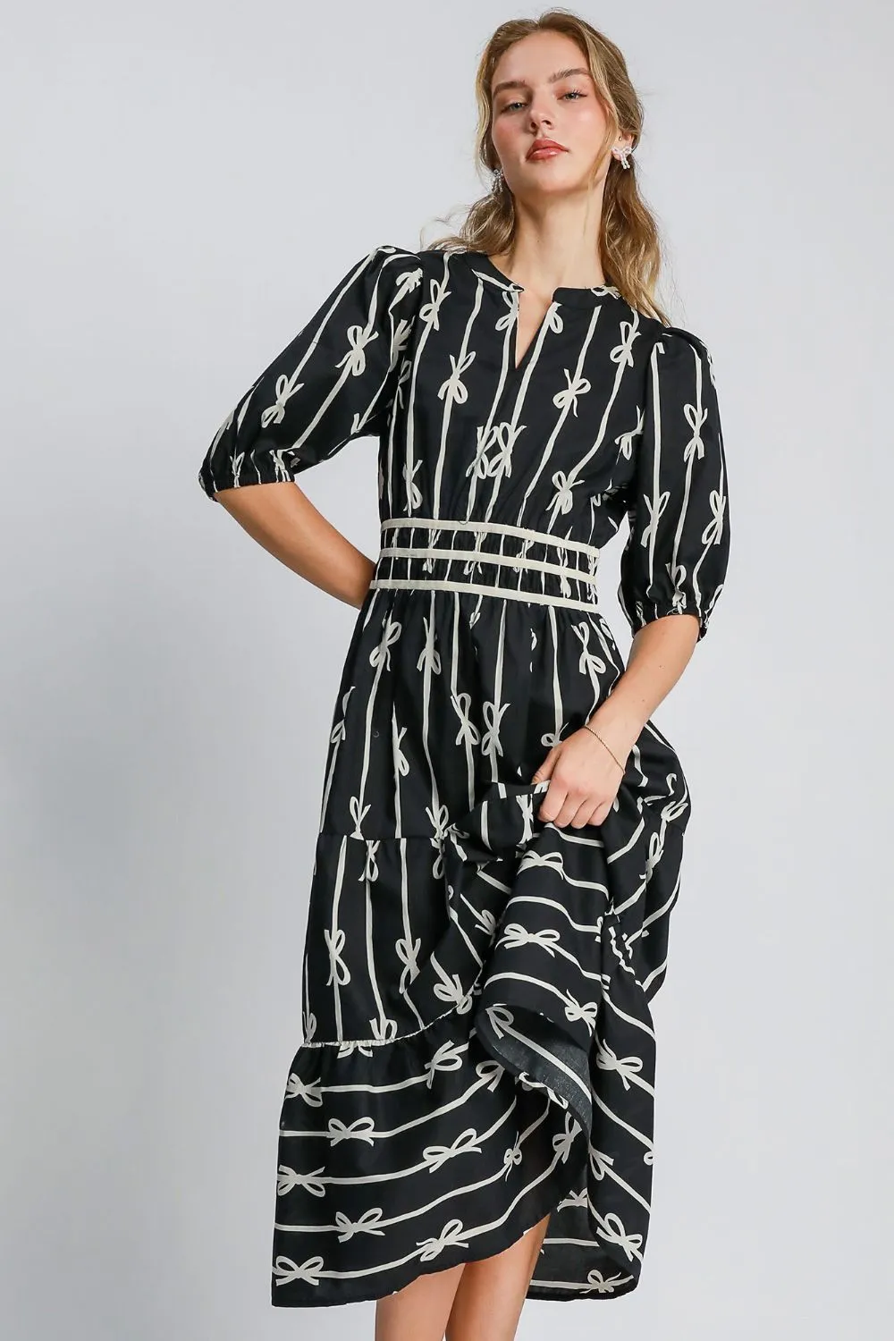 Bow Tie Print Notched Contrast Velvet Trim Midi Dress - Black