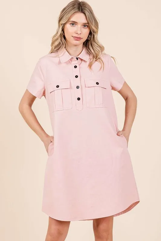 Button Detail Collared Neck Short Sleeve Shirt Dress - Baby Pink
