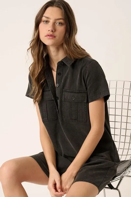 Button Detail Collared Neck Short Sleeve Shirt Dress - Black