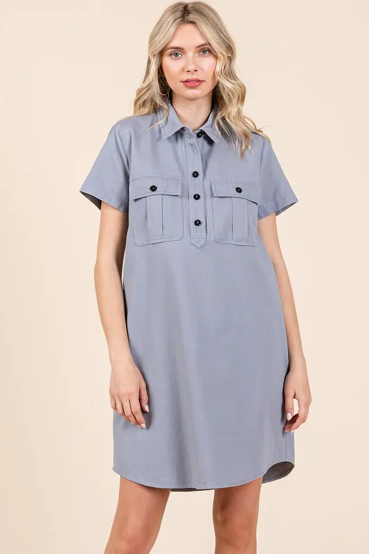 Button Detail Collared Neck Short Sleeve Shirt Dress - Blue Grey