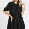 Button Detail Collared Neck Tiered Shirt Dress - Black