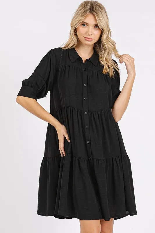 Button Detail Collared Neck Tiered Shirt Dress - Black
