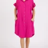 Button Down Flounce Sleeve Dress with Pockets - Fuchsia Pink