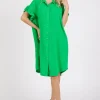 Button Down Flounce Sleeve Dress with Pockets - Green