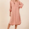 Button Down Long Sleeve Shirt Dress - Burnt Coral