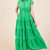 Button Up Collared Tiered Maxi Shirt Dress - Apple Green
