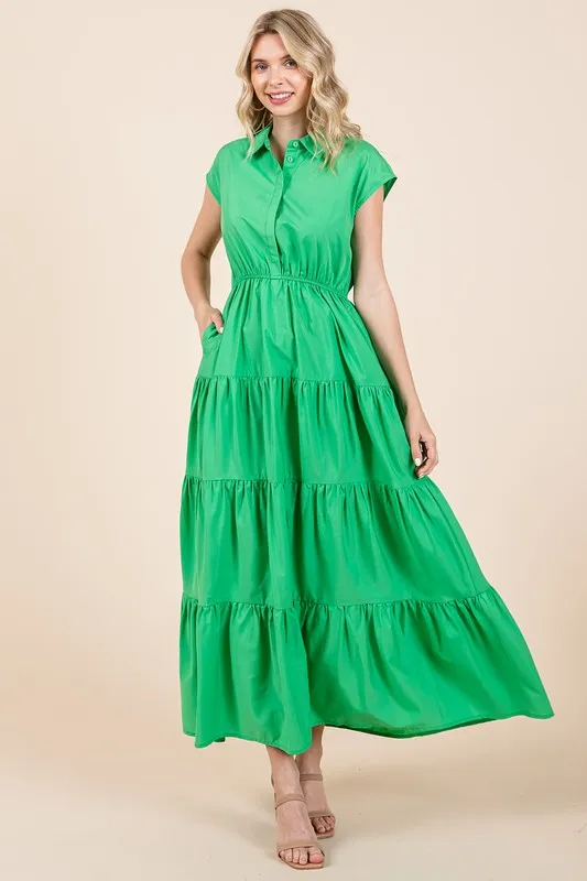 Button Up Collared Tiered Maxi Shirt Dress - Apple Green