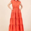 Button Up Collared Tiered Maxi Shirt Dress - Orange