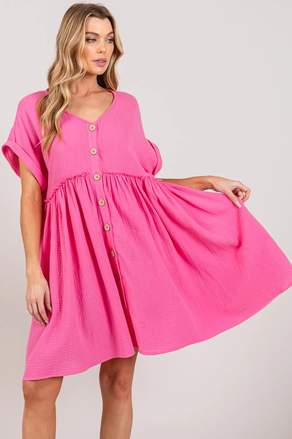 Button Up Short Sleeve Dress - Pink