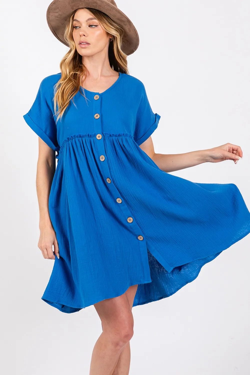 Button Up short Sleeve Dress - Blue