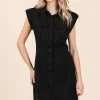 Cargo Pocket Half Button Mini Dress - Black