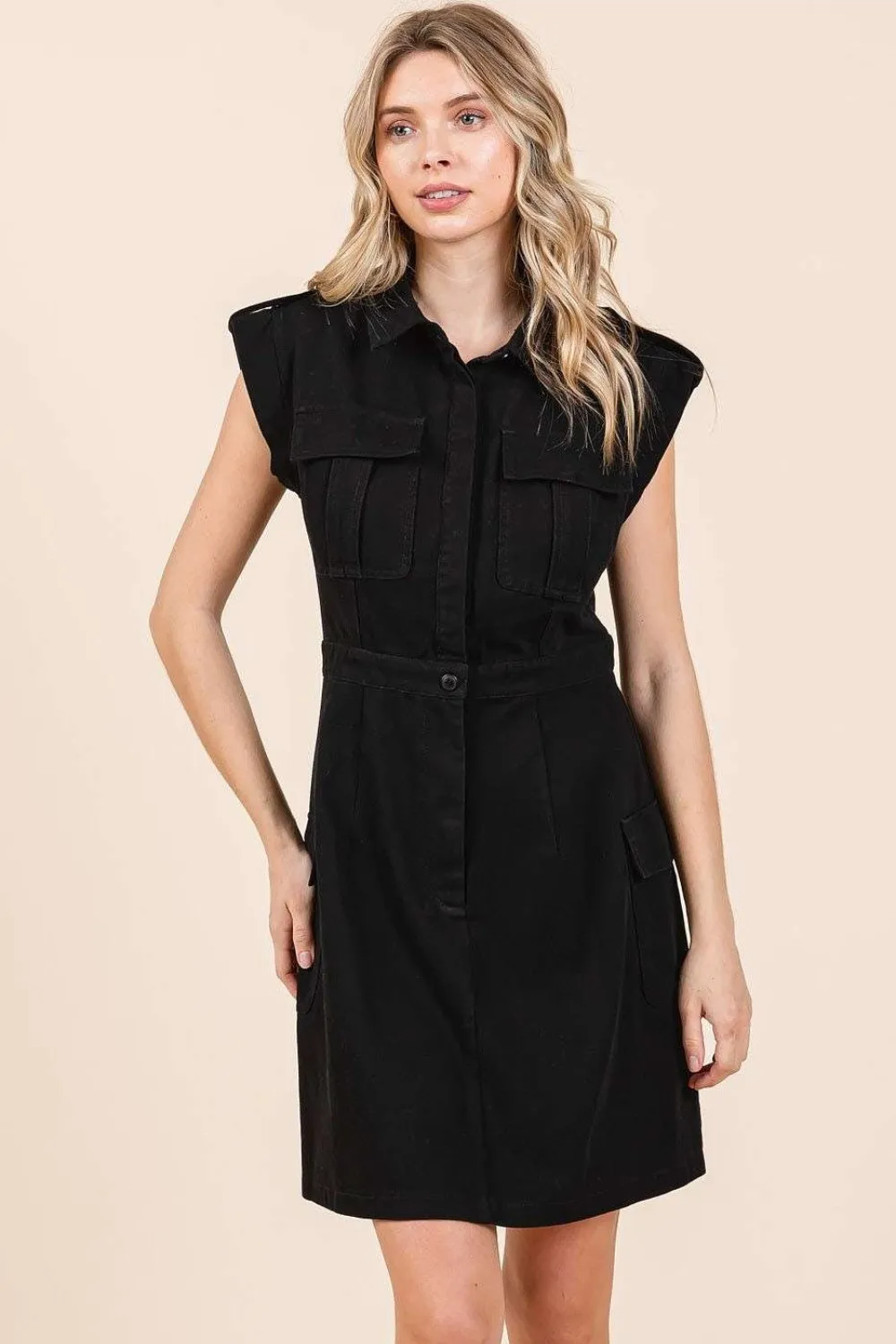 Cargo Pocket Half Button Mini Dress - Black