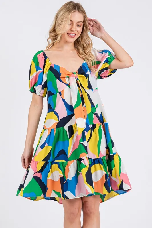 Ces Femme Abstract Print Sweetheart Neck Puff Sleeve Dress - Blue Multi