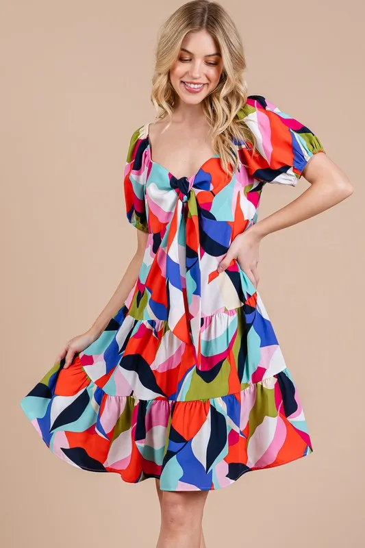 Ces Femme Abstract Print Sweetheart Neck Puff Sleeve Dress - Pink Multicolor