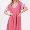 Ces Femme Contrast Trim V-Neck Short Sleeve Dress - Strawberry