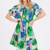 Ces Femme Floral Ruffled Short Sleeve Dress - Green