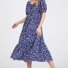 Ces Femme Floral Square Neck Puff Sleeve Midi Dress - Navy