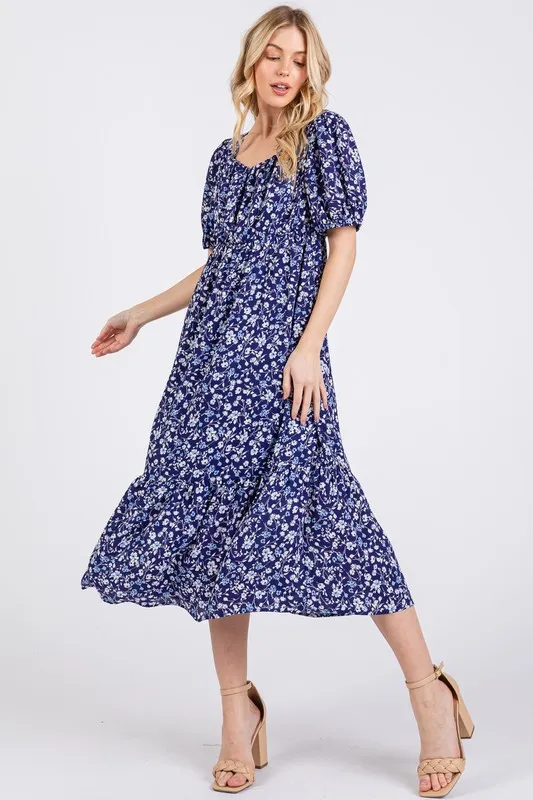 Ces Femme Floral Square Neck Puff Sleeve Midi Dress - Navy