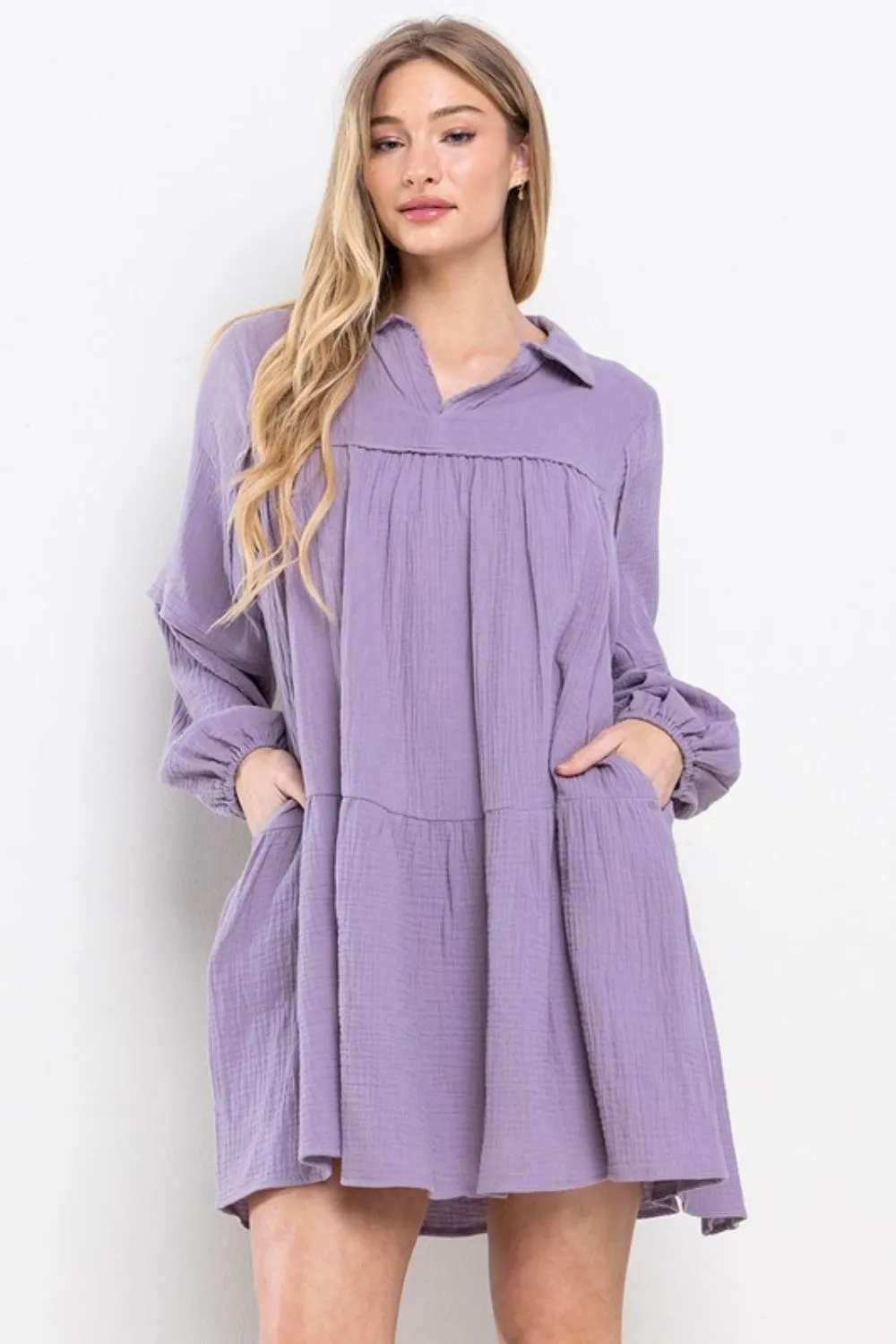 Ces Femme Johnny Collar Balloon Sleeve Mini Dress - Lavender