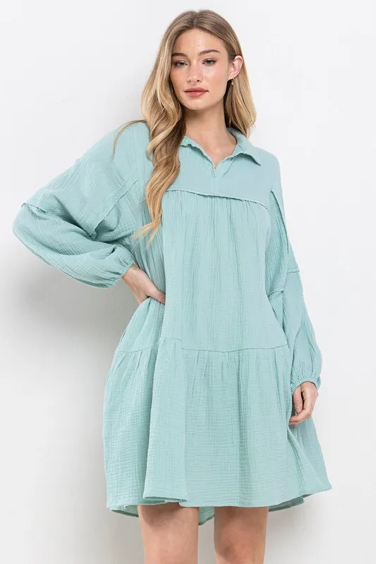 Ces Femme Johnny Collar Balloon Sleeve Mini Dress - Mint