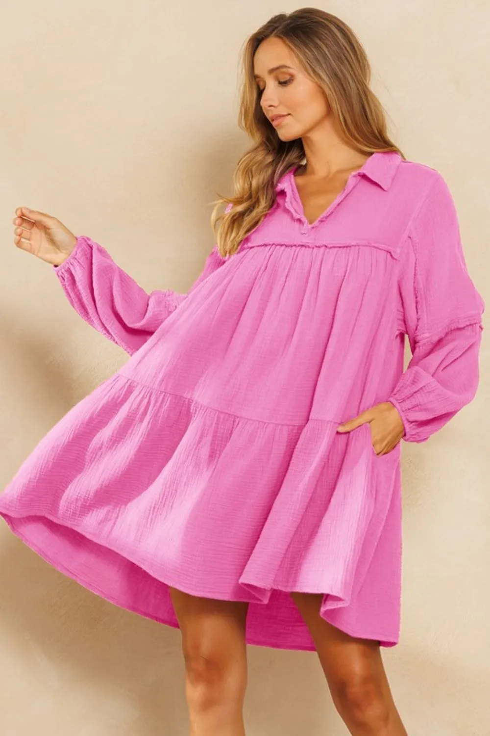 Ces Femme Johnny Collar Balloon Sleeve Mini Dress - Pink