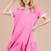 Ces Femme Ruffled Hem Johnny Collar Short Sleeve Dress - Fuchsia Pink