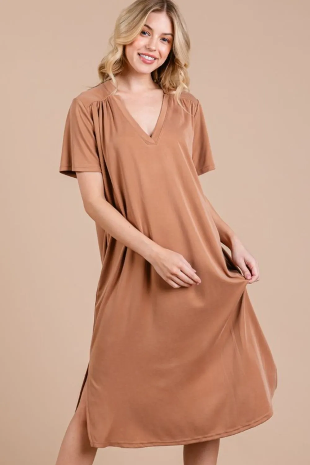 Ces Femme Side Slit Short Sleeve Midi Dress with Pockets - Caramel