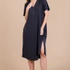 Ces Femme Side Slit Short Sleeve Midi Dress with Pockets - Charcoal